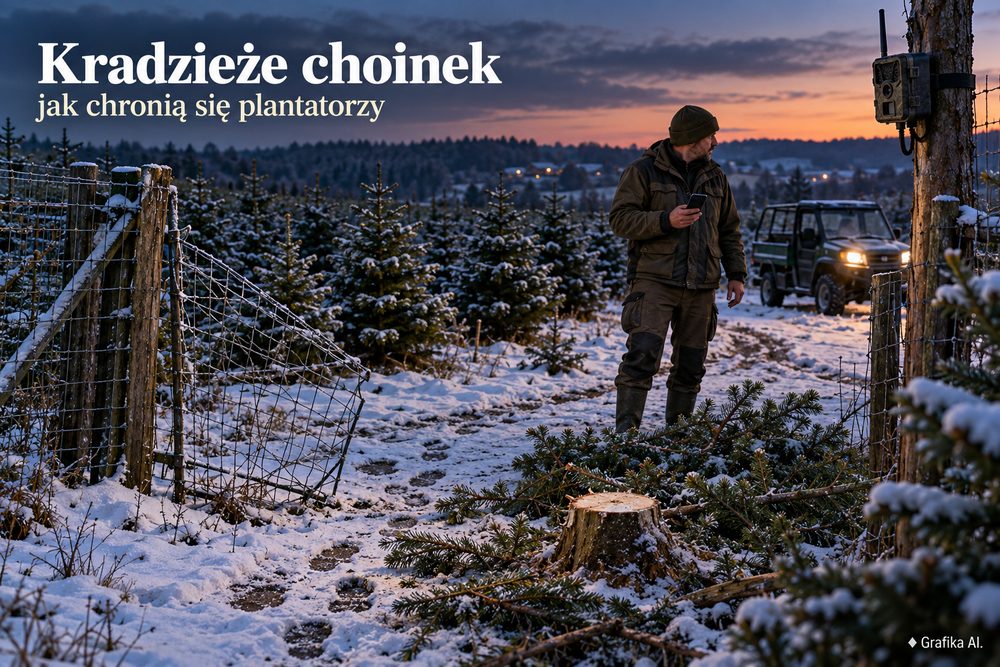 Plantator przy uszkodzonym ogrodzeniu i fotopułapce na plantacji choinek