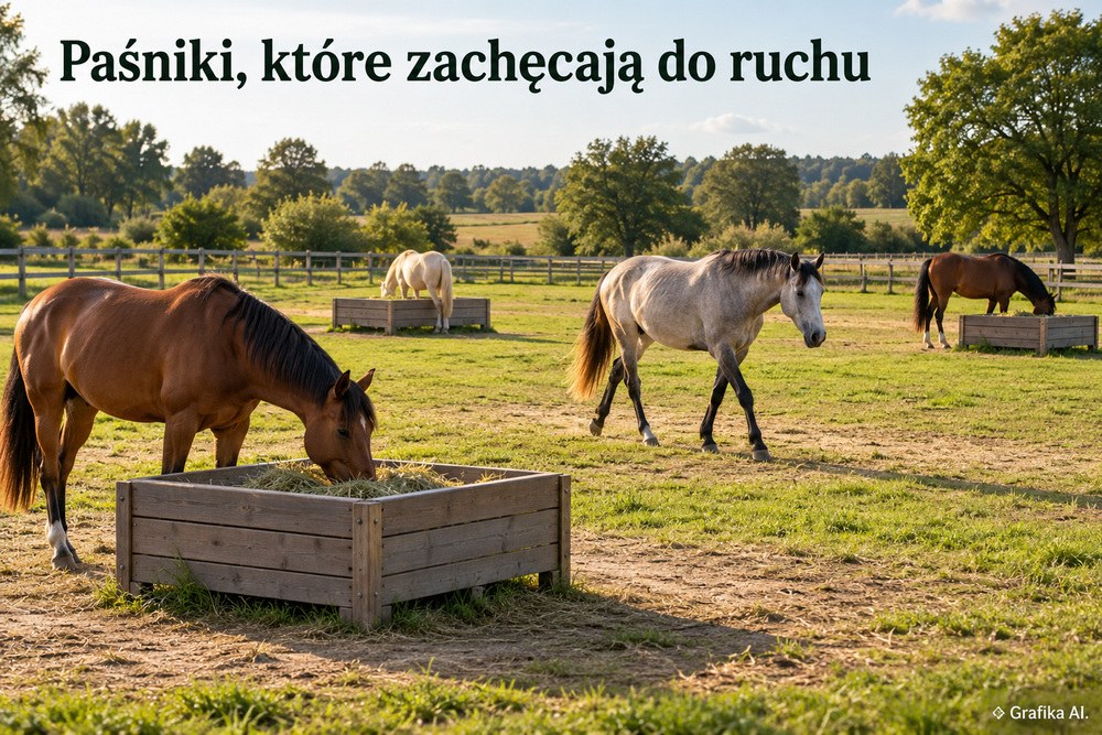 Konie przy rozproszonych paśnikach z sianem na przestronnym wybiegu – ilustracja AI